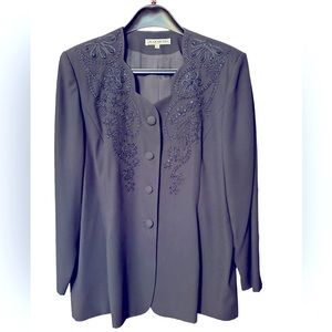 Navy two piece suit with bead detail on jacket. Mother of bride suit.